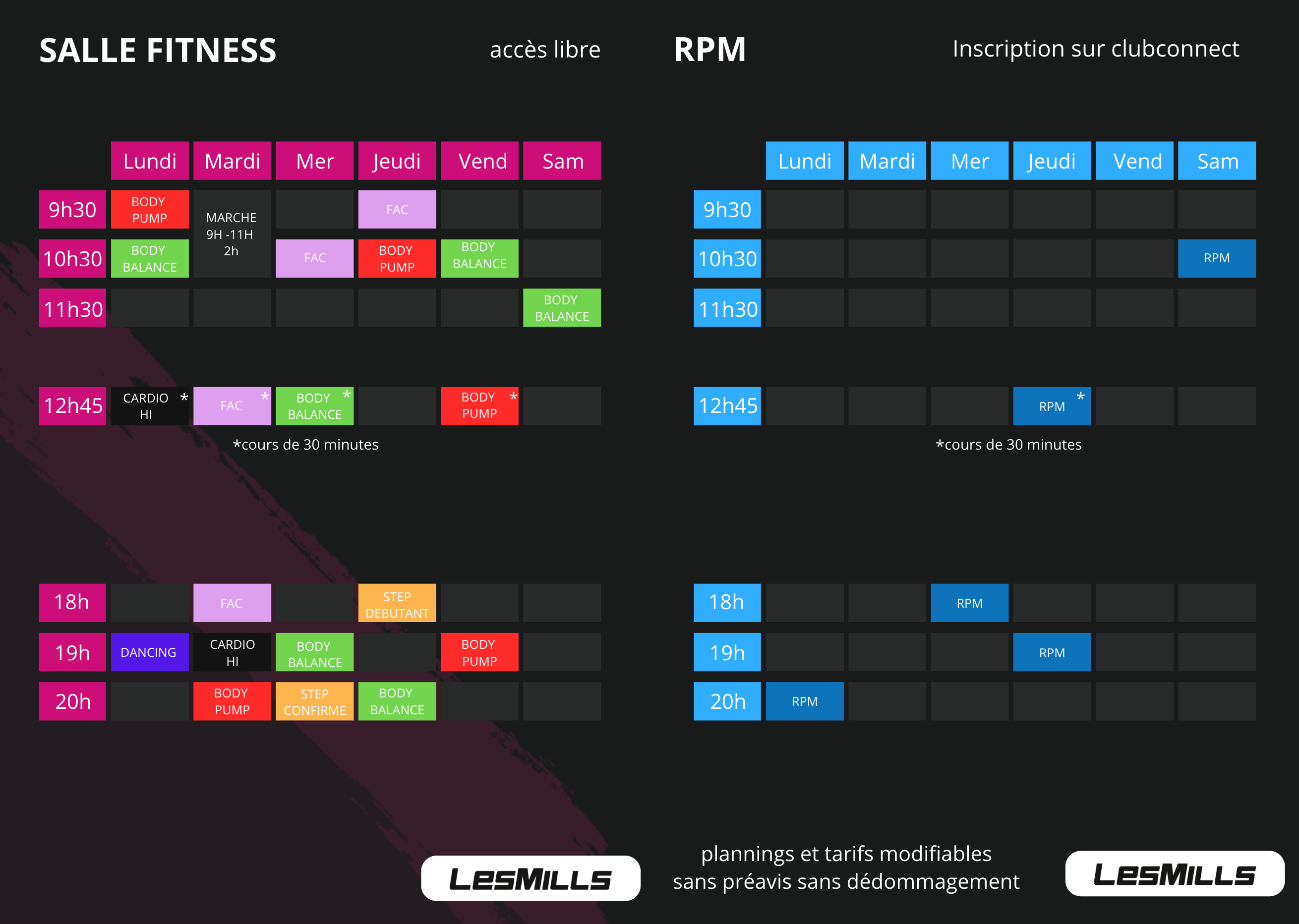 Planning des cours Physic'Baie - Salle Fitness et RPM